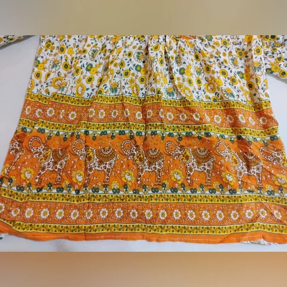 Boho Tie-Neck Floral Blouse in Orange and White - Picture 2 of 11